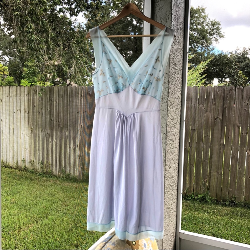 Vintage Vanity Fair Blue Nylon Tricot Slip Dress Embroidered Bodice Size 34